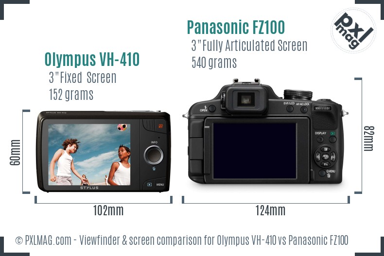 Olympus VH-410 vs Panasonic FZ100 Screen and Viewfinder comparison