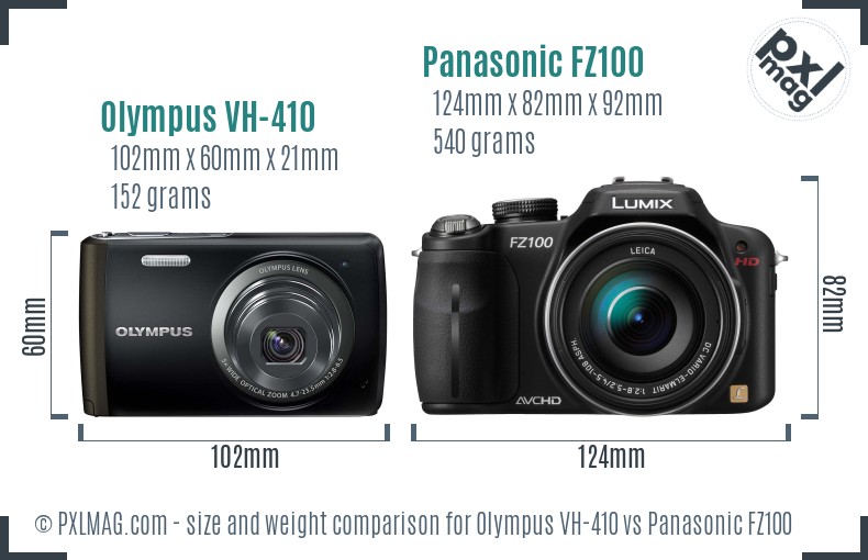 Olympus VH-410 vs Panasonic FZ100 size comparison Olympus VH-410 vs Panasonic FZ100 size comparison