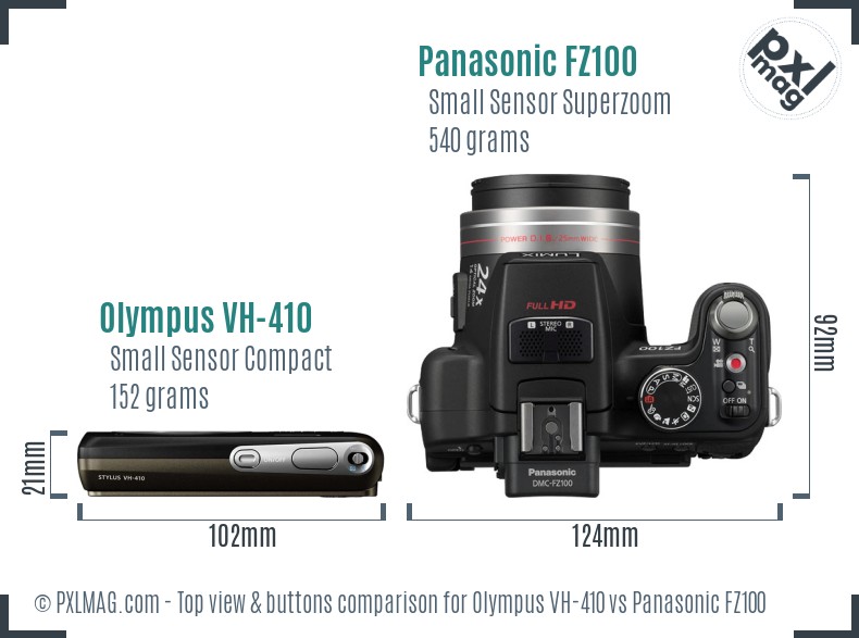Olympus VH-410 vs Panasonic FZ100 top view buttons comparison