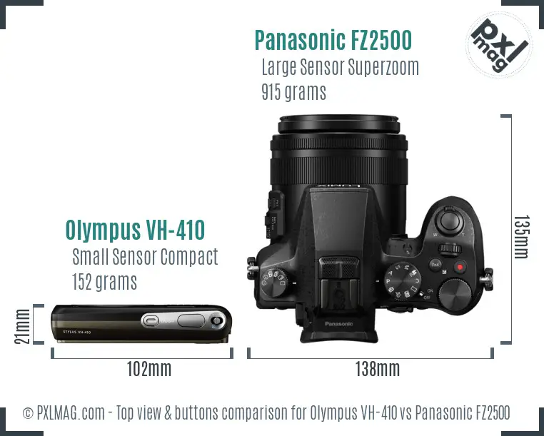 Olympus VH-410 vs Panasonic FZ2500 top view buttons comparison