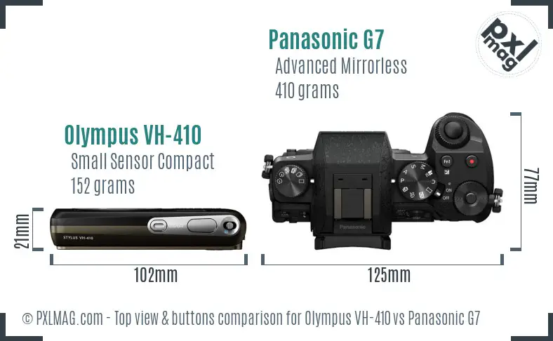 Olympus VH-410 vs Panasonic G7 top view buttons comparison Olympus VH-410 vs Panasonic G7 top view buttons comparison