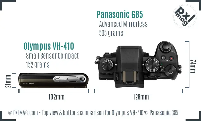 Olympus VH-410 vs Panasonic G85 top view buttons comparison Olympus VH-410 vs Panasonic G85 top view buttons comparison