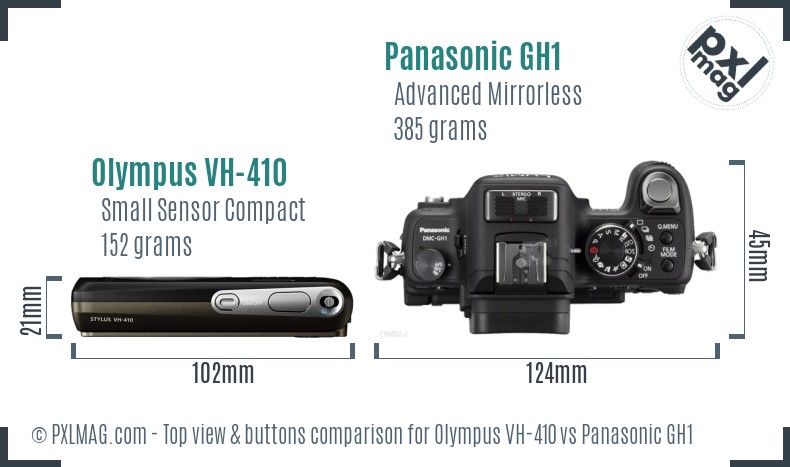 Olympus VH-410 vs Panasonic GH1 top view buttons comparison