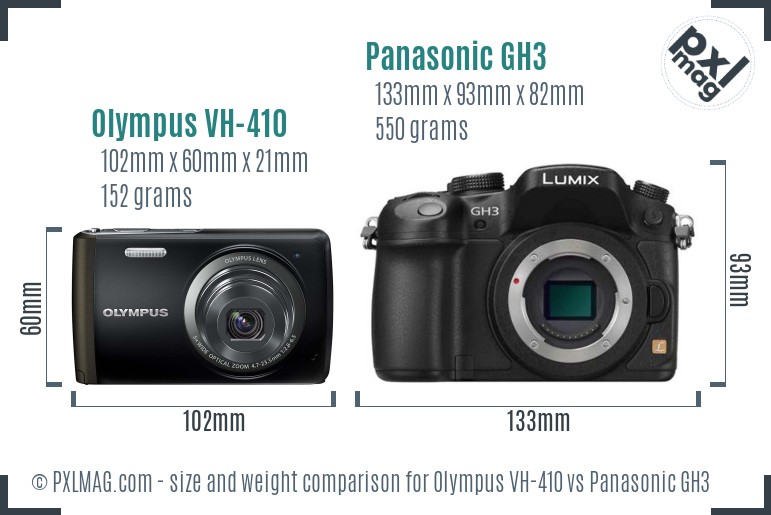Olympus VH-410 vs Panasonic GH3 size comparison Olympus VH-410 vs Panasonic GH3 size comparison