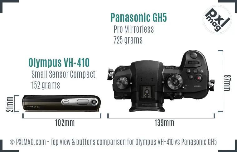 Olympus VH-410 vs Panasonic GH5 top view buttons comparison Olympus VH-410 vs Panasonic GH5 top view buttons comparison