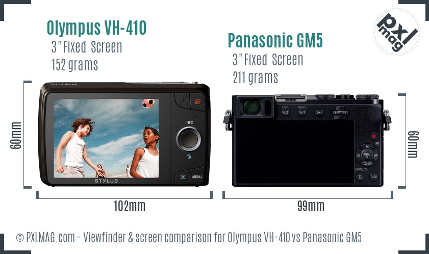 Olympus VH-410 vs Panasonic GM5 Screen and Viewfinder comparison