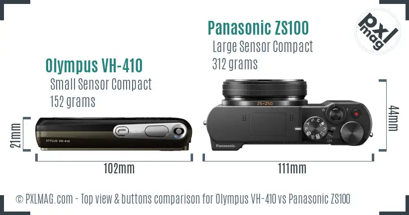 Olympus VH-410 vs Panasonic ZS100 top view buttons comparison Olympus VH-410 vs Panasonic ZS100 top view buttons comparison