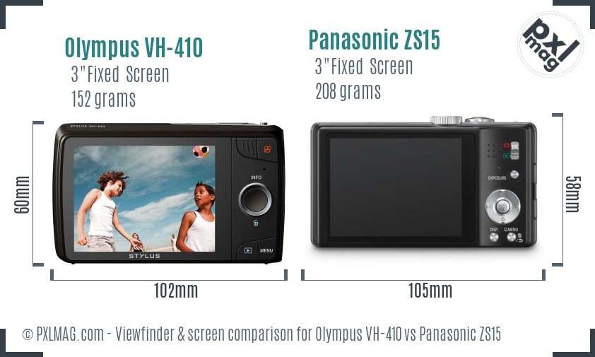 Olympus VH-410 vs Panasonic ZS15 Screen and Viewfinder comparison