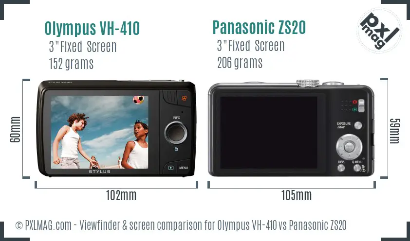 Olympus VH-410 vs Panasonic ZS20 Screen and Viewfinder comparison