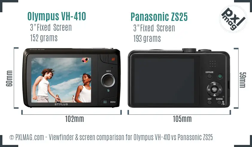 Olympus VH-410 vs Panasonic ZS25 Screen and Viewfinder comparison