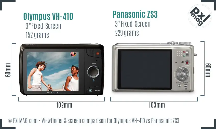 Olympus VH-410 vs Panasonic ZS3 Screen and Viewfinder comparison