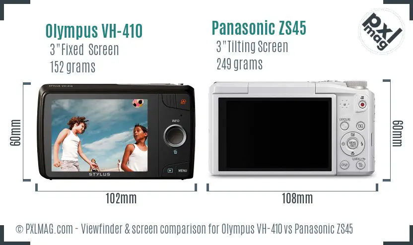 Olympus VH-410 vs Panasonic ZS45 Screen and Viewfinder comparison