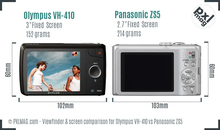 Olympus VH-410 vs Panasonic ZS5 Screen and Viewfinder comparison