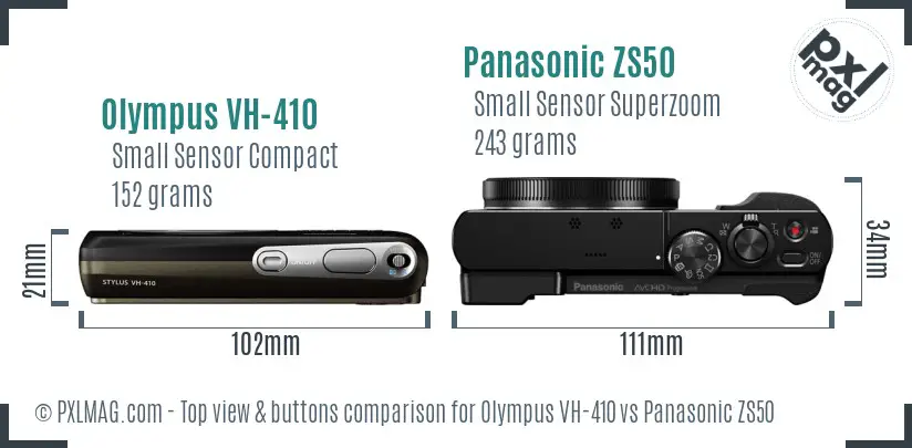 Olympus VH-410 vs Panasonic ZS50 top view buttons comparison