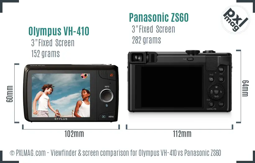 Olympus VH-410 vs Panasonic ZS60 Screen and Viewfinder comparison