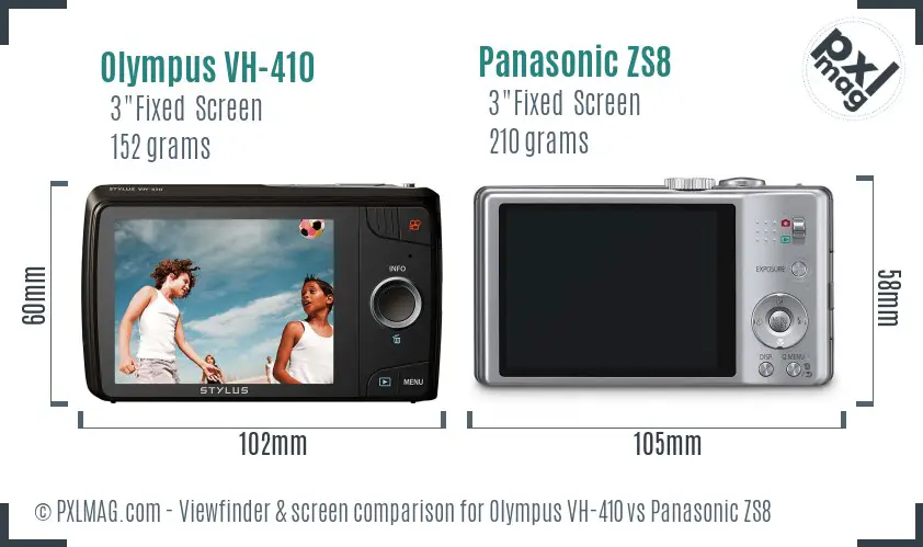 Olympus VH-410 vs Panasonic ZS8 Screen and Viewfinder comparison