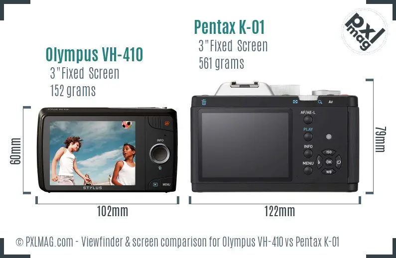 Olympus VH-410 vs Pentax K-01 Screen and Viewfinder comparison