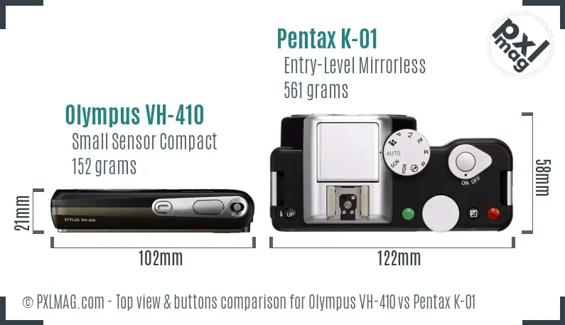 Olympus VH-410 vs Pentax K-01 top view buttons comparison