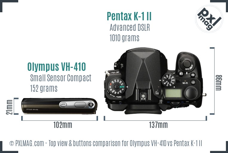 Olympus VH-410 vs Pentax K-1 II top view buttons comparison