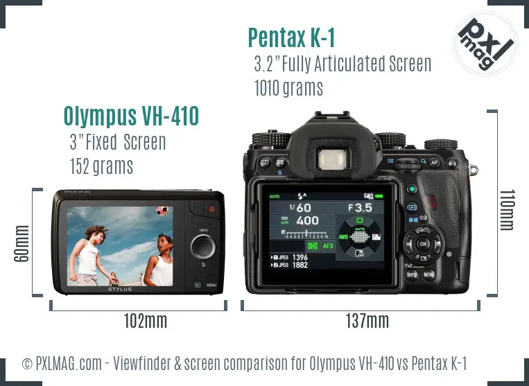 Olympus VH-410 vs Pentax K-1 Screen and Viewfinder comparison