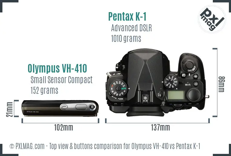 Olympus VH-410 vs Pentax K-1 top view buttons comparison