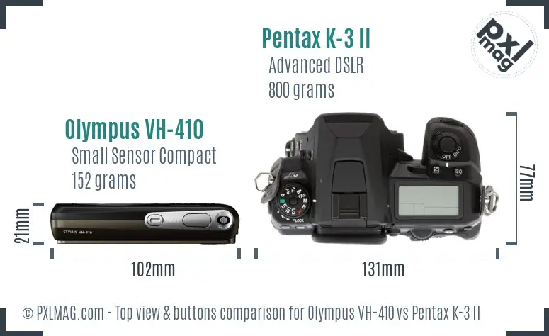 Olympus VH-410 vs Pentax K-3 II top view buttons comparison