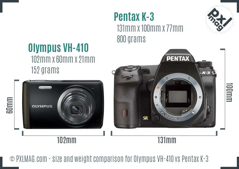 Olympus VH-410 vs Pentax K-3 size comparison