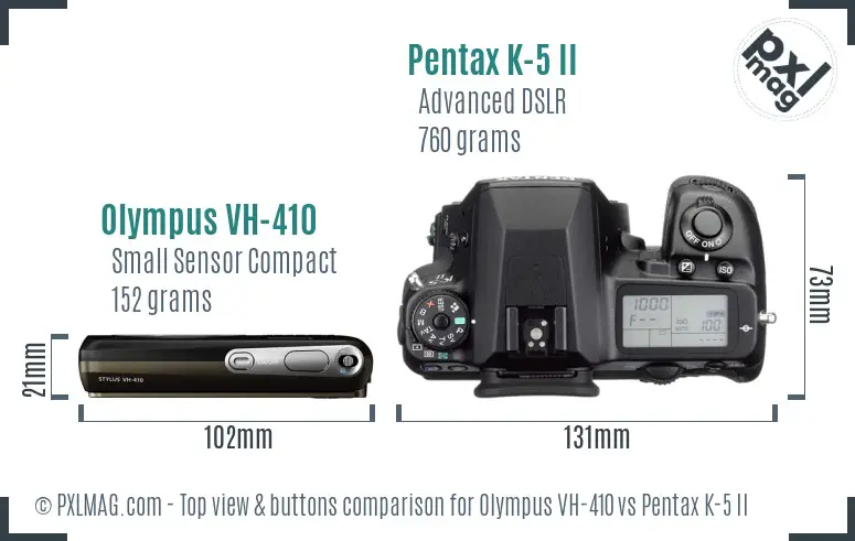 Olympus VH-410 vs Pentax K-5 II top view buttons comparison