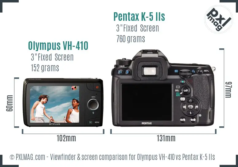 Olympus VH-410 vs Pentax K-5 IIs Screen and Viewfinder comparison