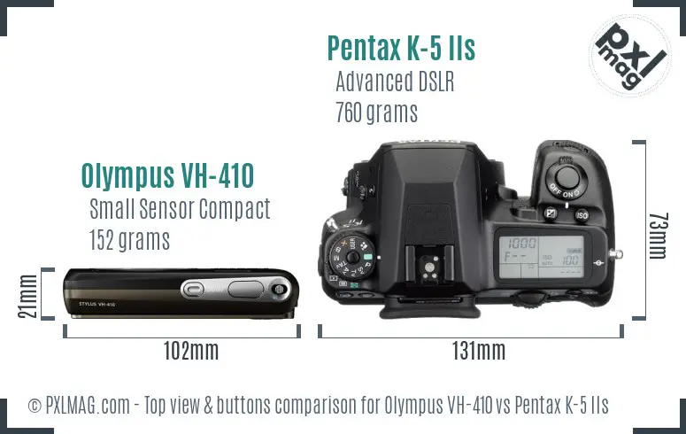 Olympus VH-410 vs Pentax K-5 IIs top view buttons comparison
