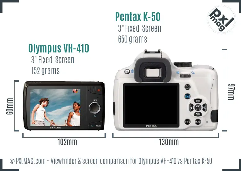 Olympus VH-410 vs Pentax K-50 Screen and Viewfinder comparison