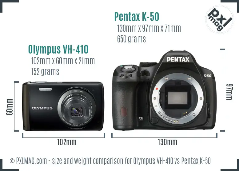 Olympus VH-410 vs Pentax K-50 size comparison