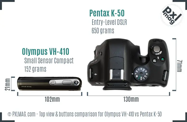 Olympus VH-410 vs Pentax K-50 top view buttons comparison