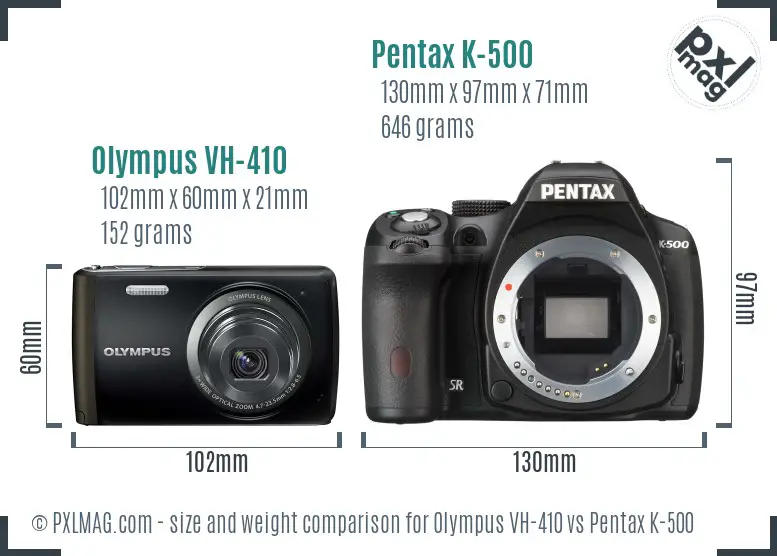 Olympus VH-410 vs Pentax K-500 size comparison