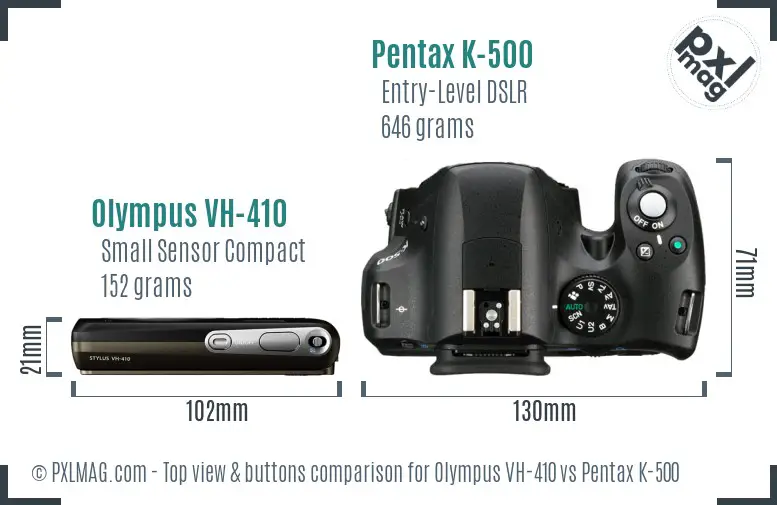 Olympus VH-410 vs Pentax K-500 top view buttons comparison