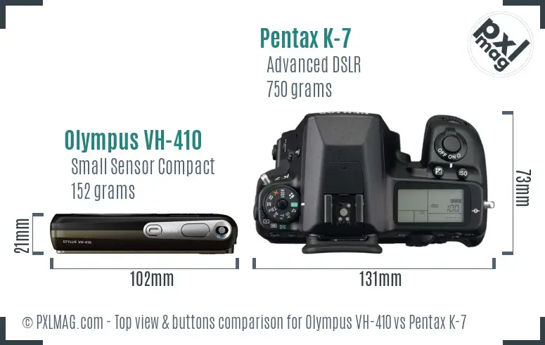Olympus VH-410 vs Pentax K-7 top view buttons comparison