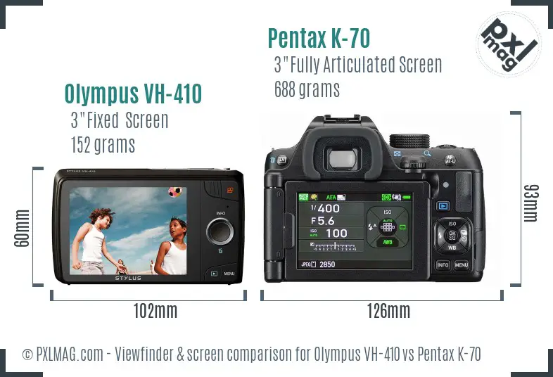 Olympus VH-410 vs Pentax K-70 Screen and Viewfinder comparison