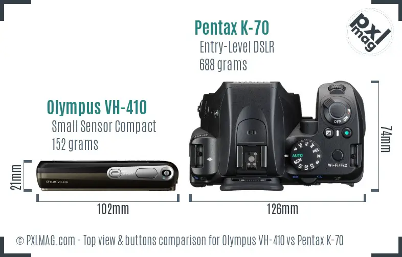 Olympus VH-410 vs Pentax K-70 top view buttons comparison