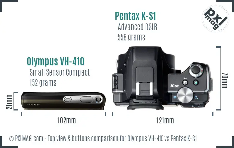 Olympus VH-410 vs Pentax K-S1 top view buttons comparison