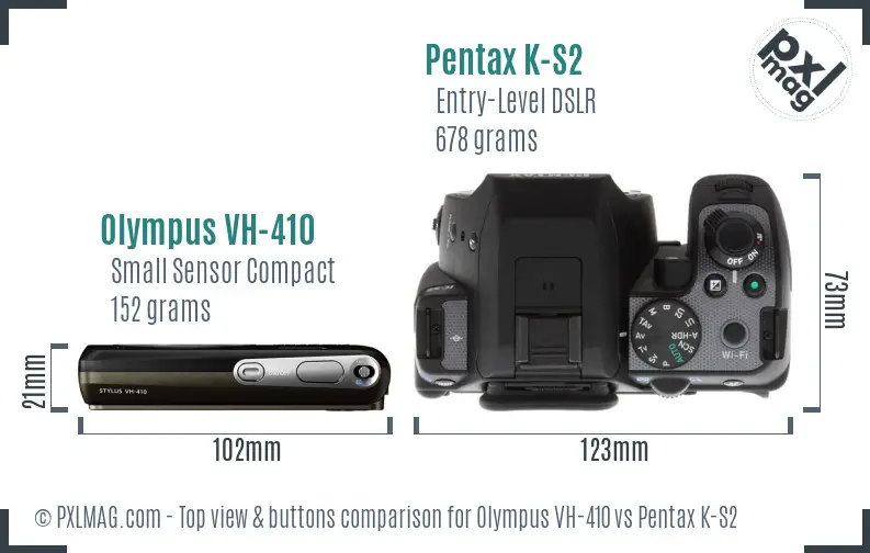 Olympus VH-410 vs Pentax K-S2 top view buttons comparison