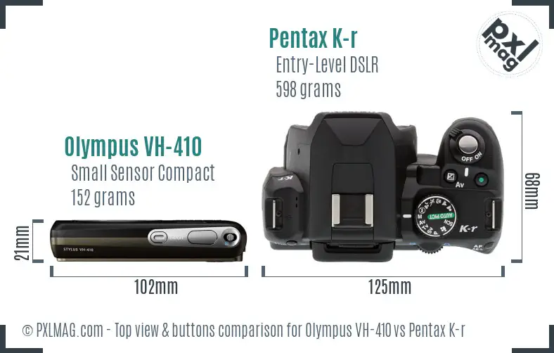 Olympus VH-410 vs Pentax K-r top view buttons comparison Olympus VH-410 vs Pentax K-r top view buttons comparison