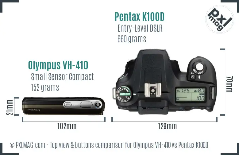 Olympus VH-410 vs Pentax K100D top view buttons comparison