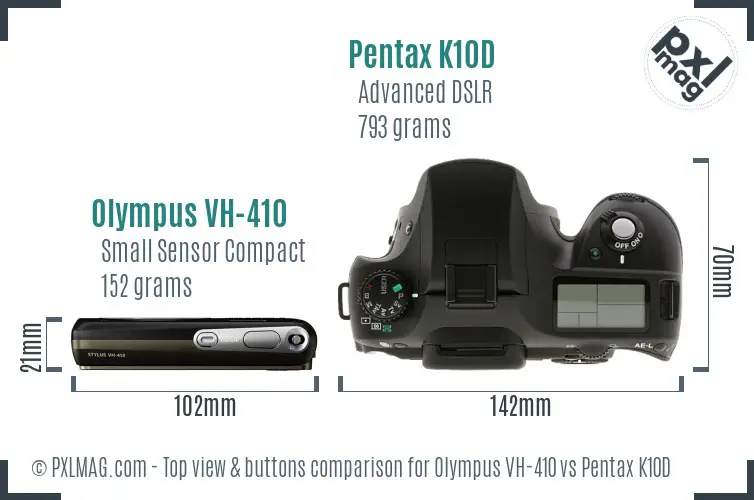 Olympus VH-410 vs Pentax K10D top view buttons comparison