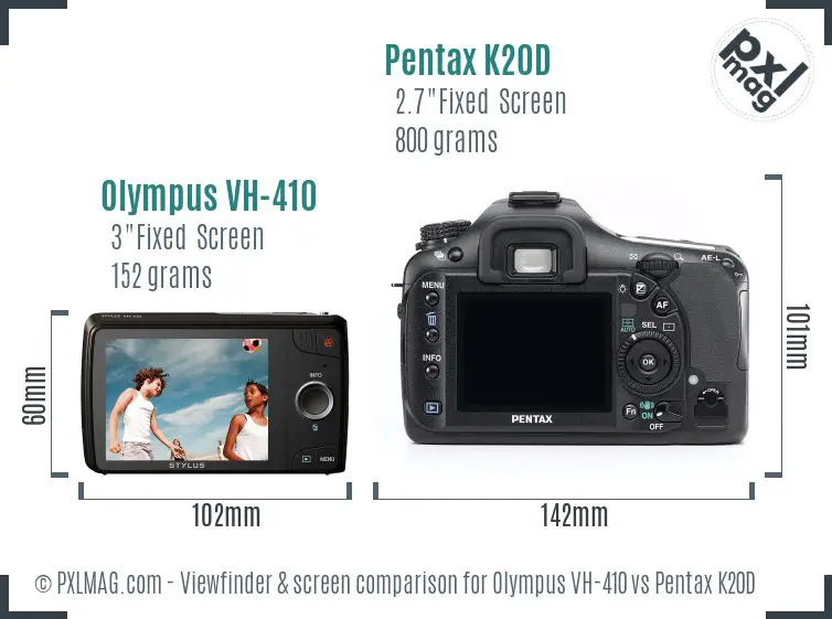 Olympus VH-410 vs Pentax K20D Screen and Viewfinder comparison