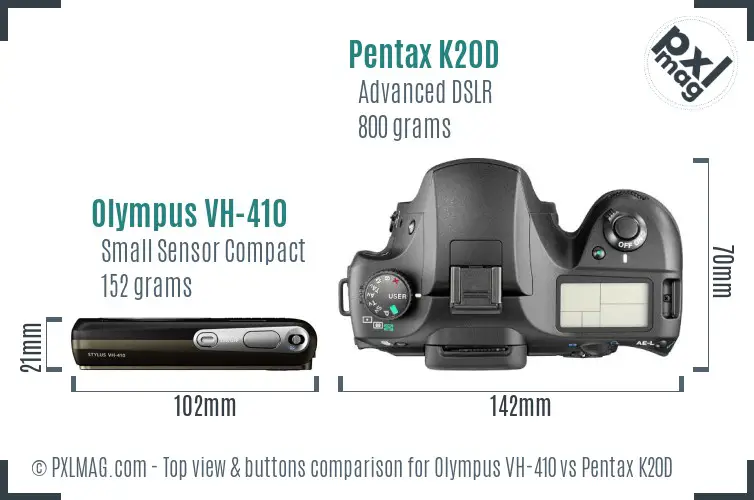 Olympus VH-410 vs Pentax K20D top view buttons comparison