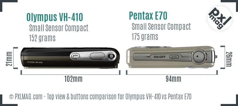 Olympus VH-410 vs Pentax E70 top view buttons comparison