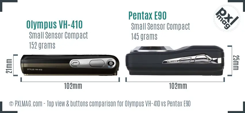 Olympus VH-410 vs Pentax E90 top view buttons comparison