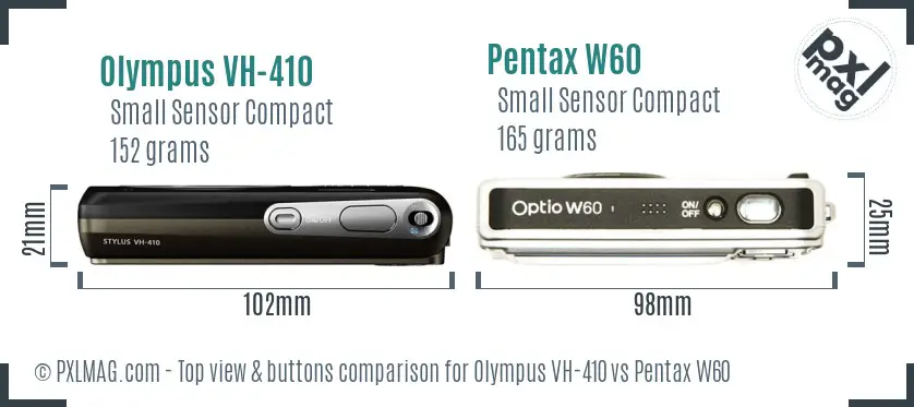 Olympus VH-410 vs Pentax W60 top view buttons comparison