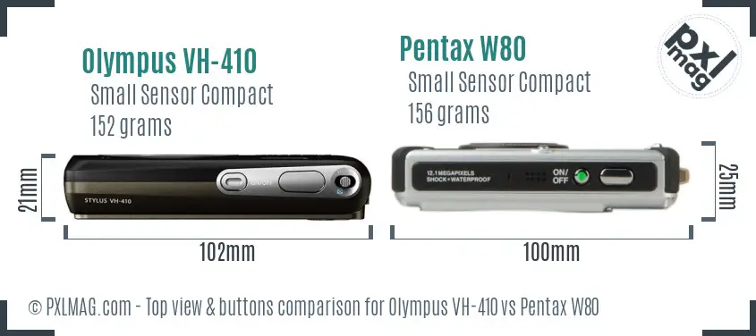 Olympus VH-410 vs Pentax W80 top view buttons comparison