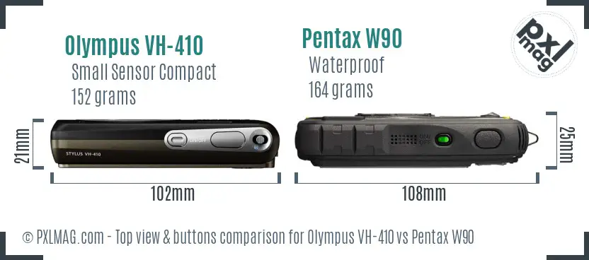 Olympus VH-410 vs Pentax W90 top view buttons comparison